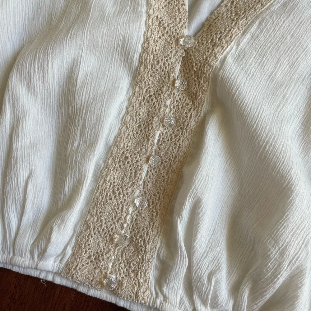 Le Superbe Vacation Ready Blouse Long Sleeve Crochet Size 2 White Natural